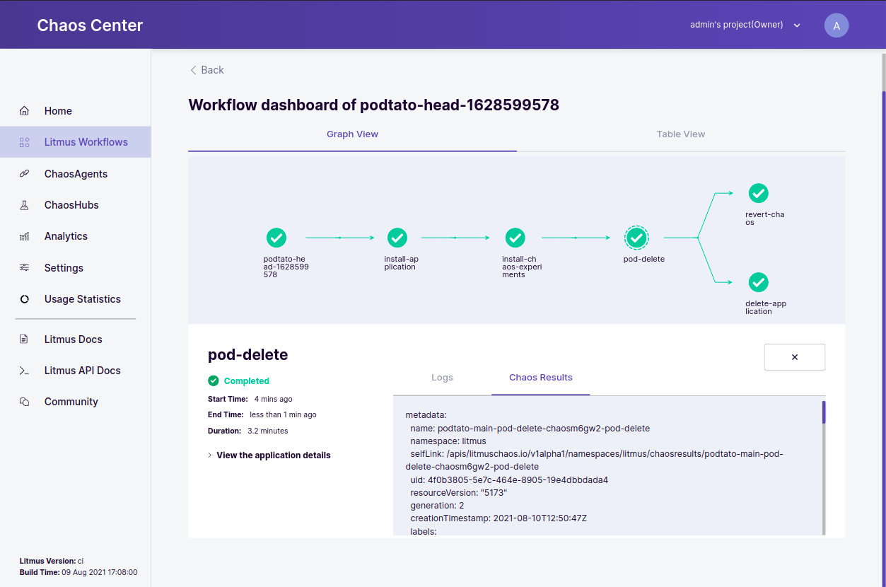 Podtato Head chaos scenario with chaos logs and chaos result of pod-delete experiment